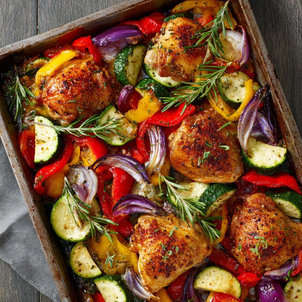 Blechpfanne mit Gemüse und Hähnchen