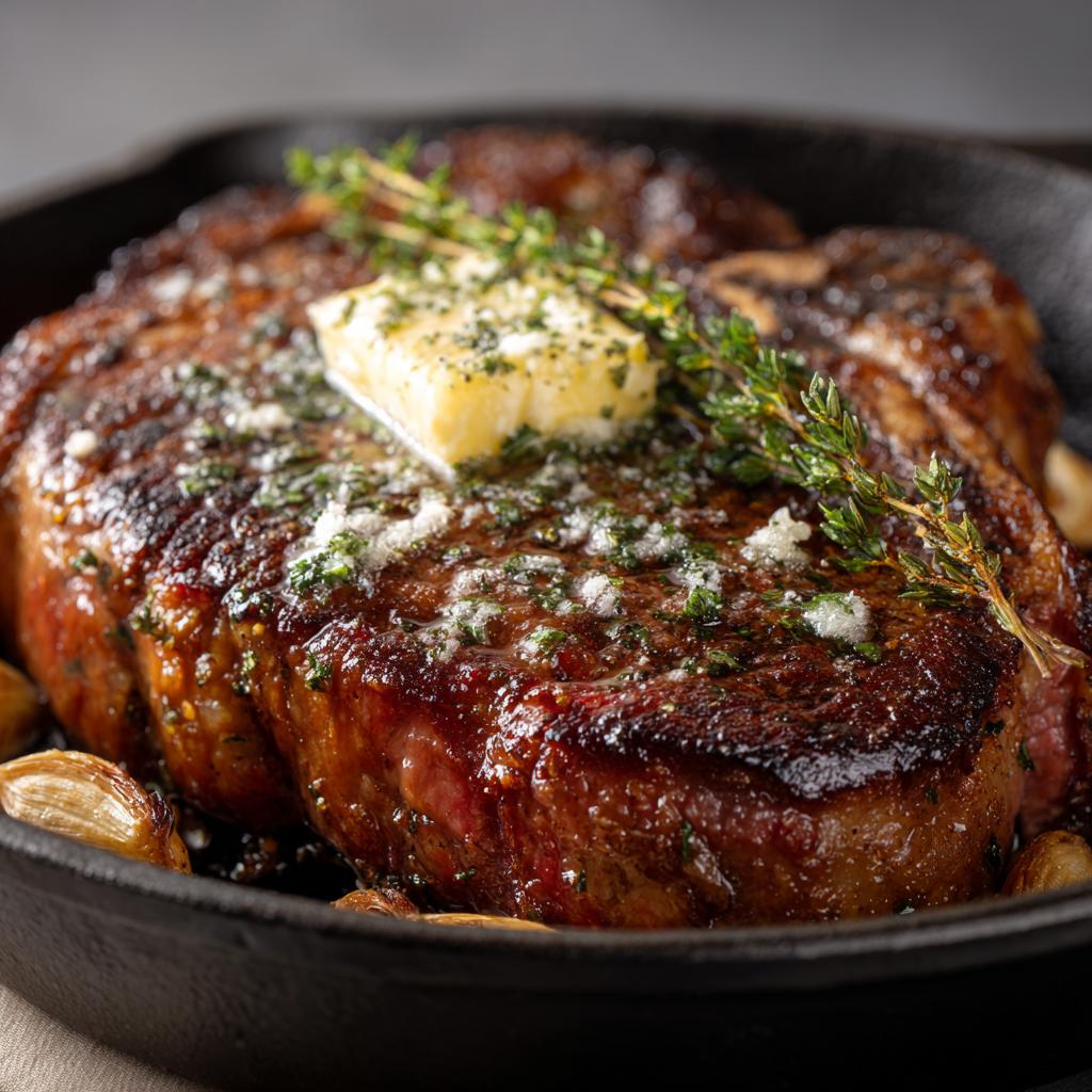 Buttergebratenes Ribeye-Steak in der Gusseisenpfanne - detail 1