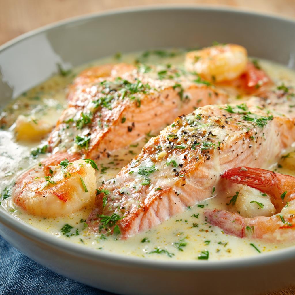 Eleganter Lachs und Garnelen in einer cremigen Knoblauchsauce - detail 1