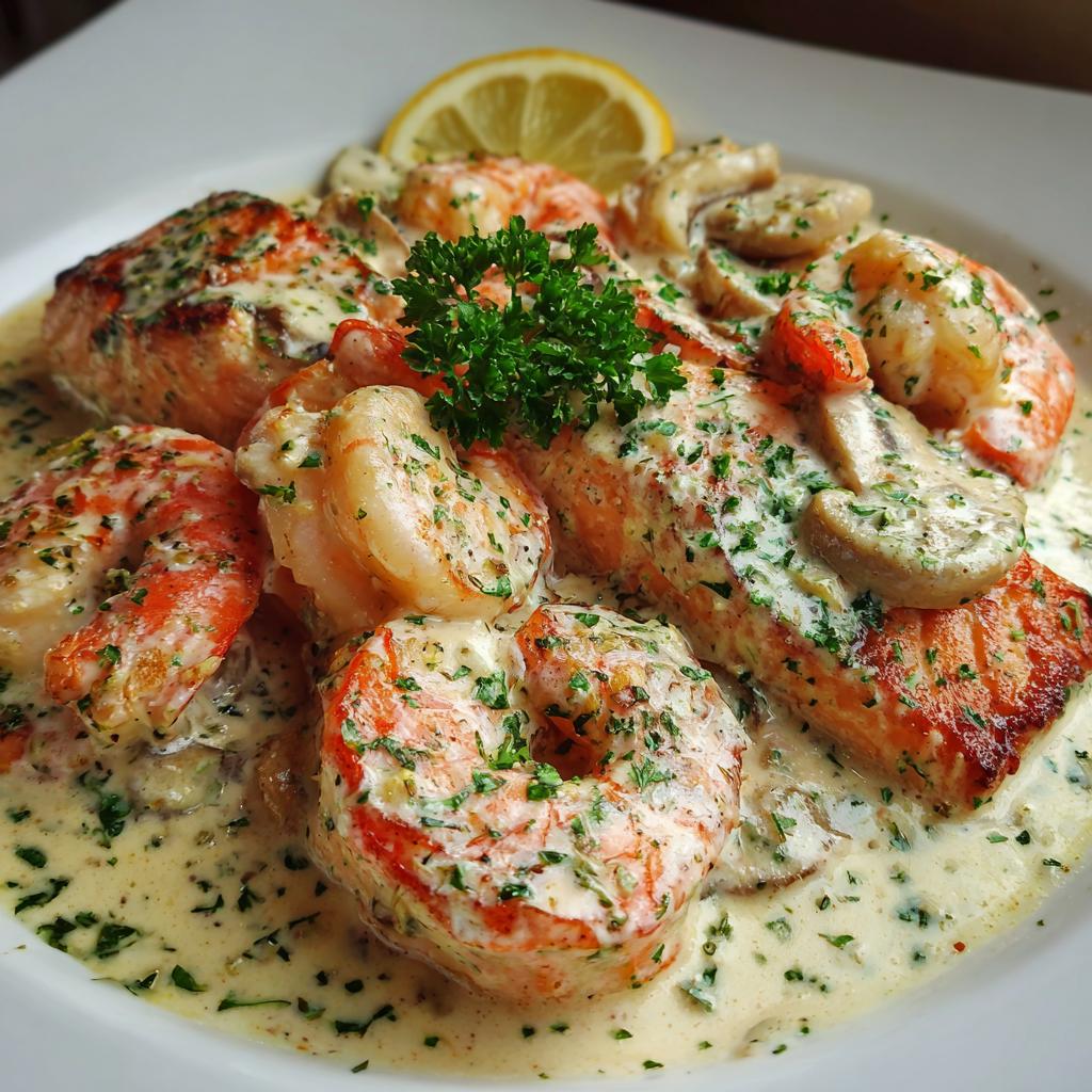 Eleganter Lachs und Garnelen in einer cremigen Knoblauchsauce