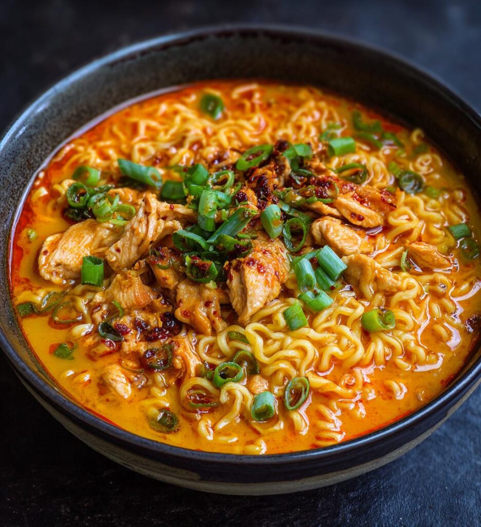 Feuriger Hähnchen-Ramen mit cremiger Knoblauchsoße