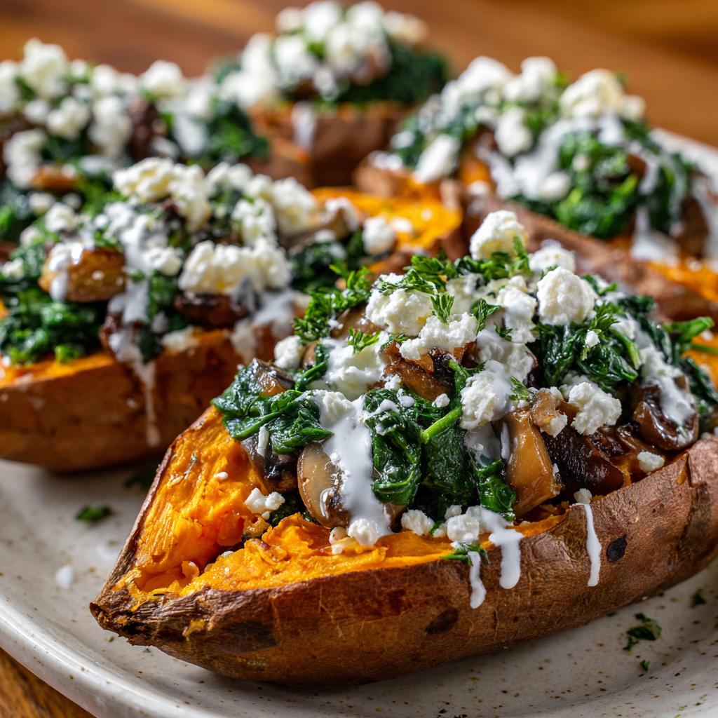 Gefüllte Süßkartoffeln mit Spinat, Champignons und Feta - detail 1