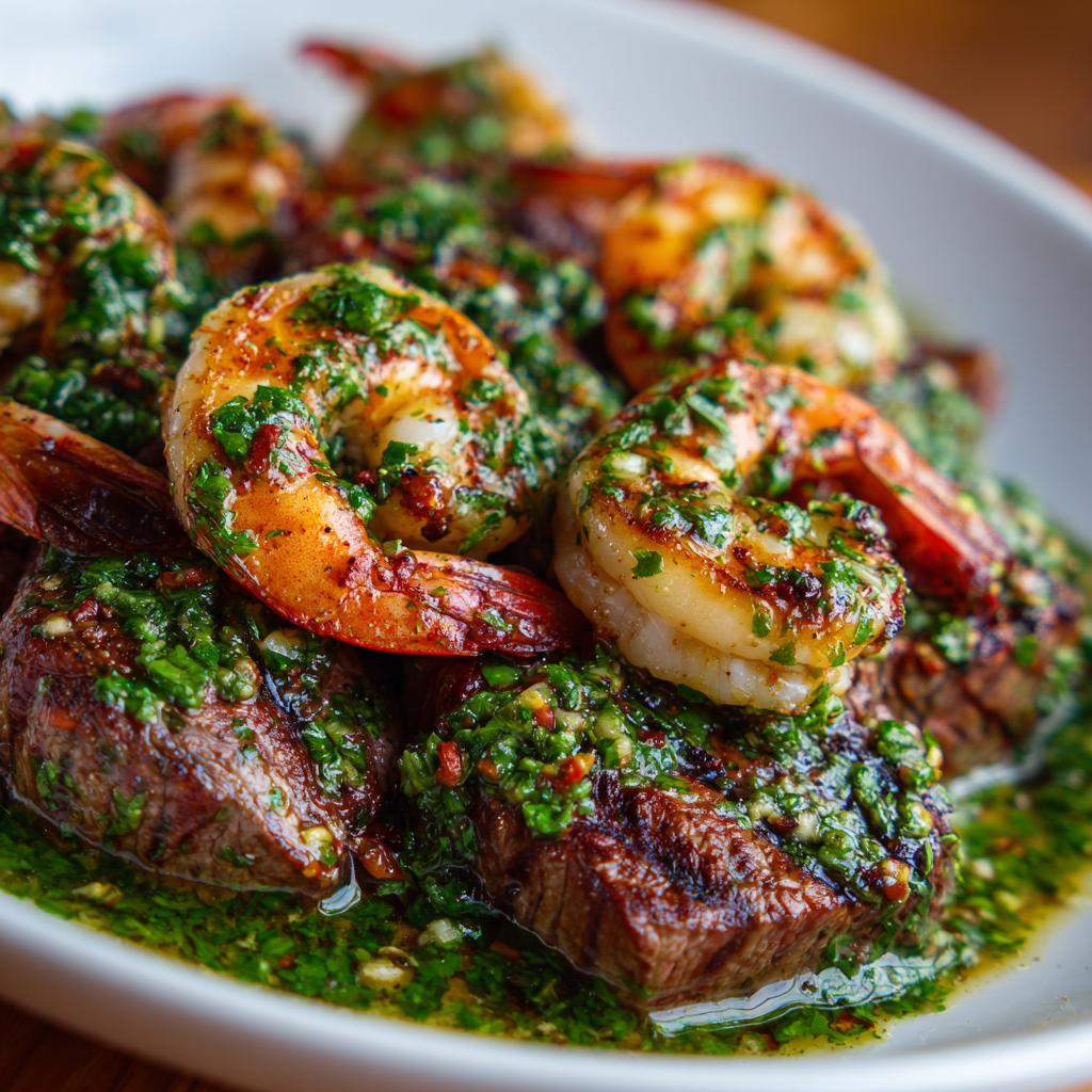 Gegrillte Garnelen und Steak mit Chimichurri-Sauce - detail 1