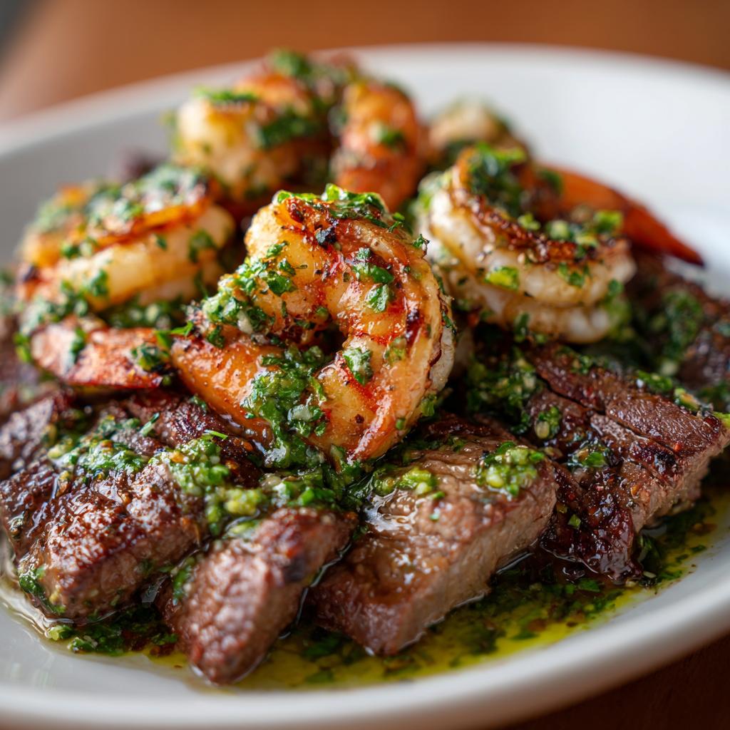 Gegrillte Garnelen und Steak mit Chimichurri-Sauce