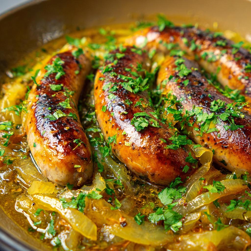 Hähnchenwürste in Zwiebelsoße