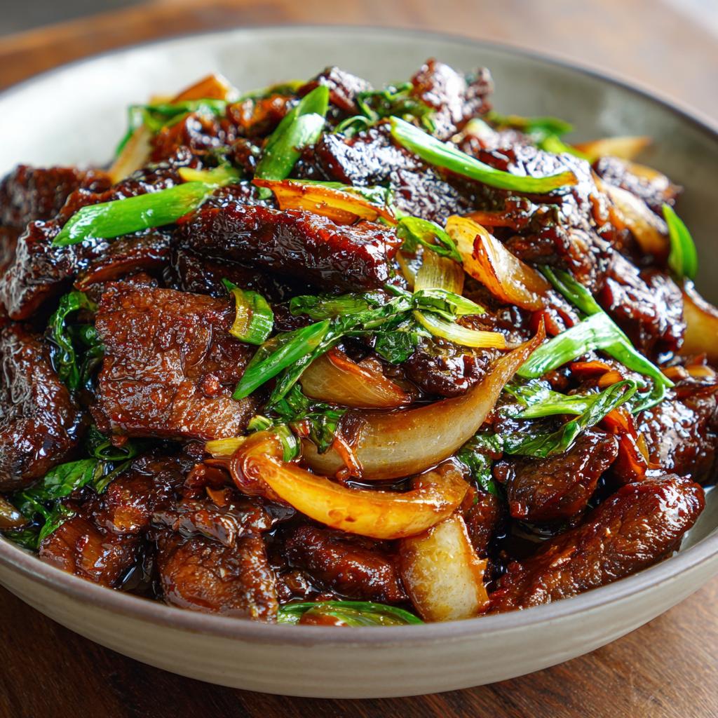 Karamellisiertes Rindfleisch mit Zwiebeln und Sojasauce - detail 1