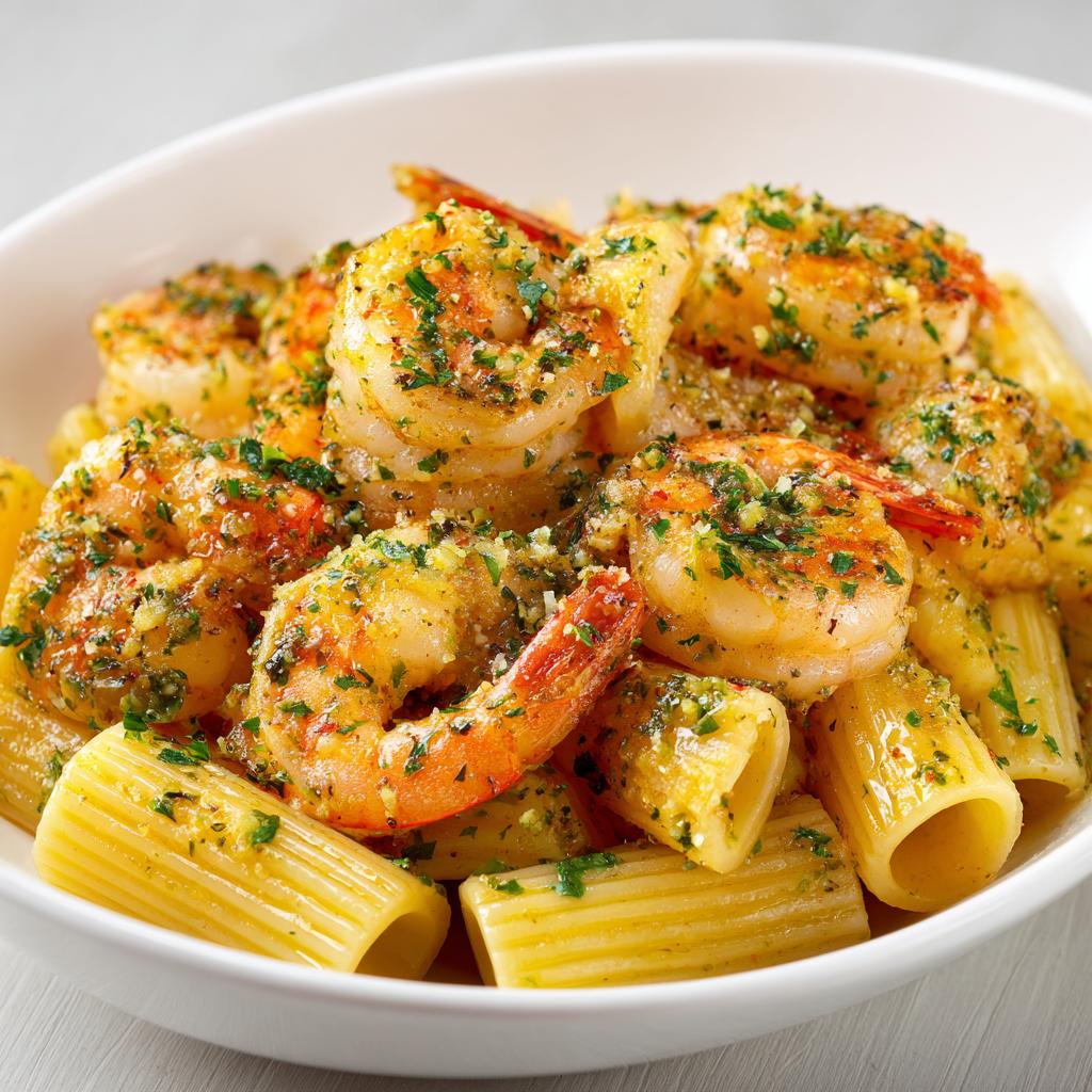Knoblauchbutter-Garnelen mit Rigatoni