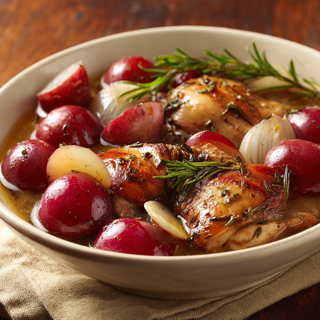 Langsam gegarte Hähnchenschenkel mit roten Kartoffeln