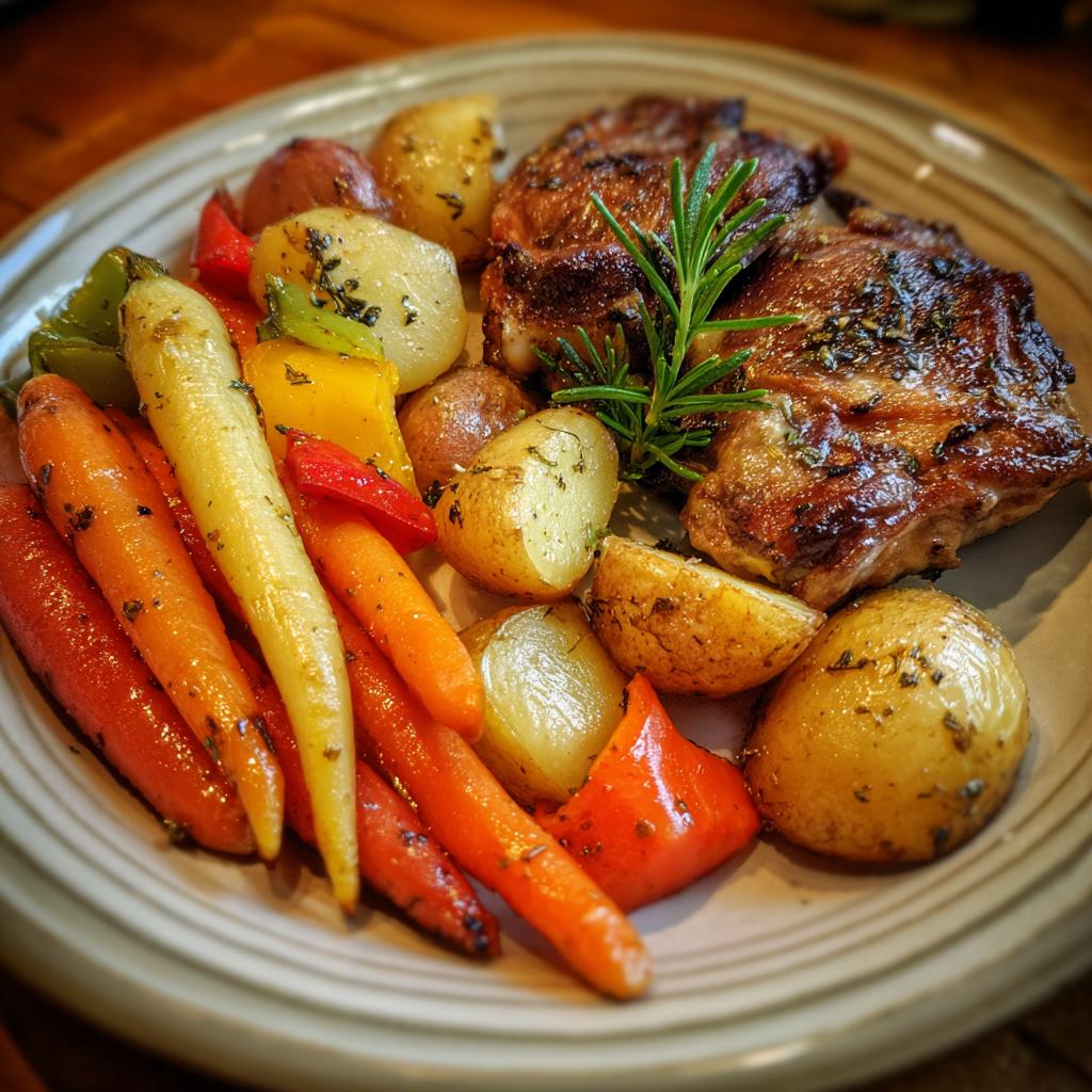 Ofengebratene Hähnchenschenkel mit Gemüse