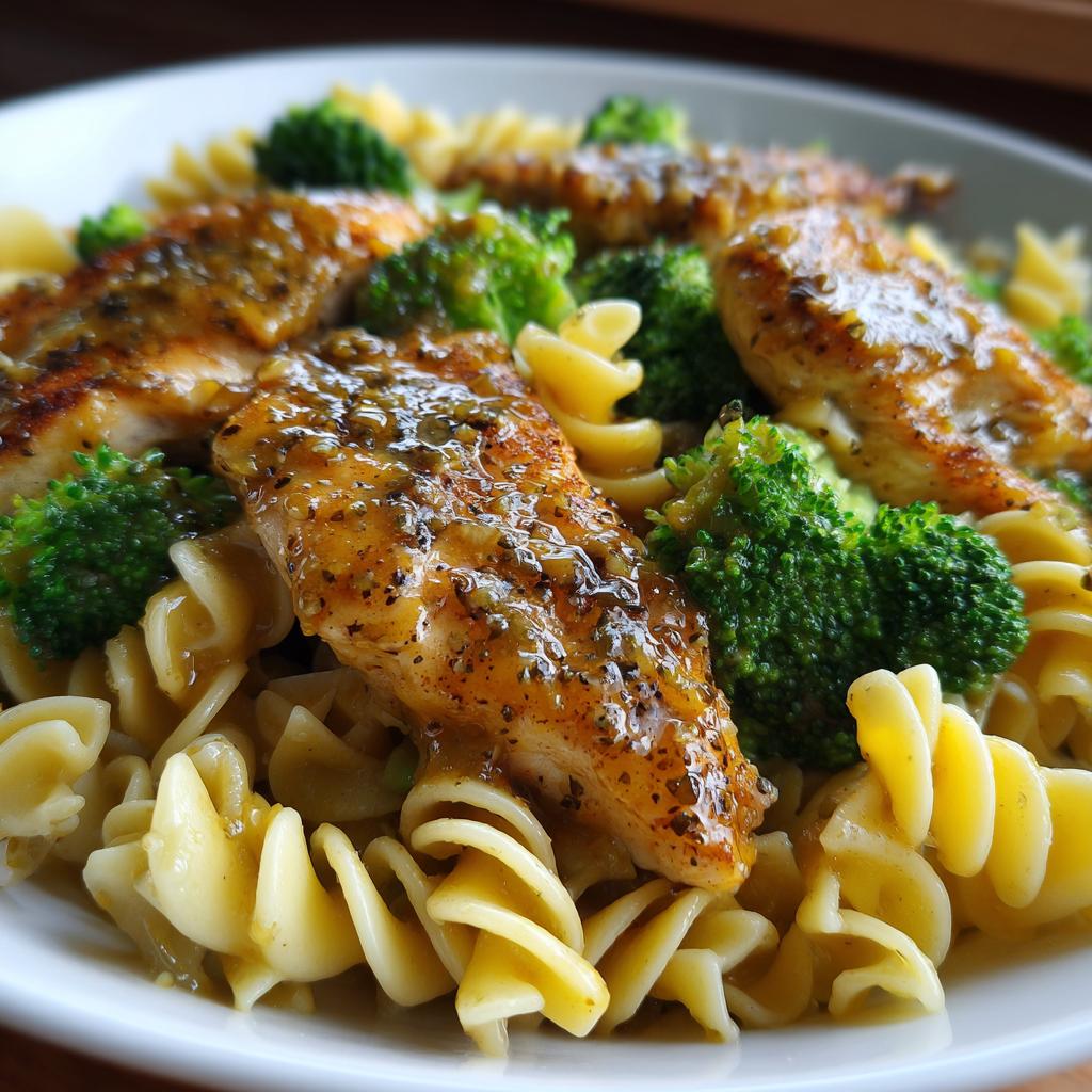 Senf-Honig-Hühnchen mit Pasta und Brokkoli