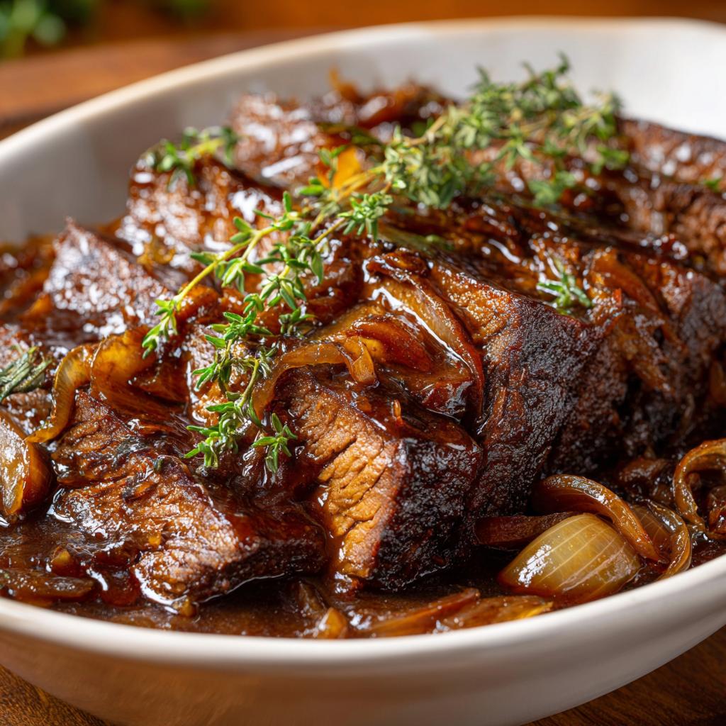 Zartes Rinderbruststück in aromatischer Balsamico-Zwiebel-Sauce