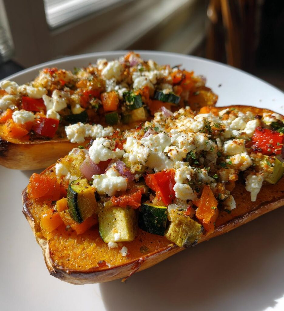 Gefüllter Butternut-Kürbis mit Gemüse und Feta