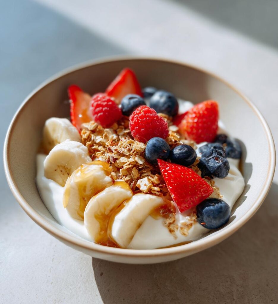 Joghurt mit Müsli und frischen Früchten