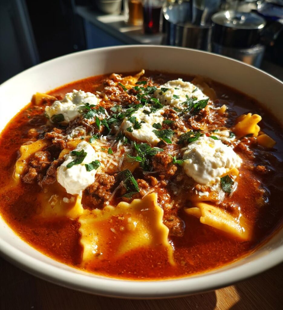 Lasagna-Suppe mit Ricotta und Mozzarella