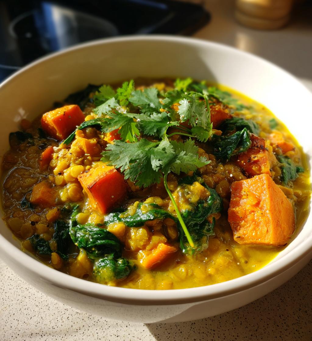 linseneintopf mit suesskartoffeln und spinat