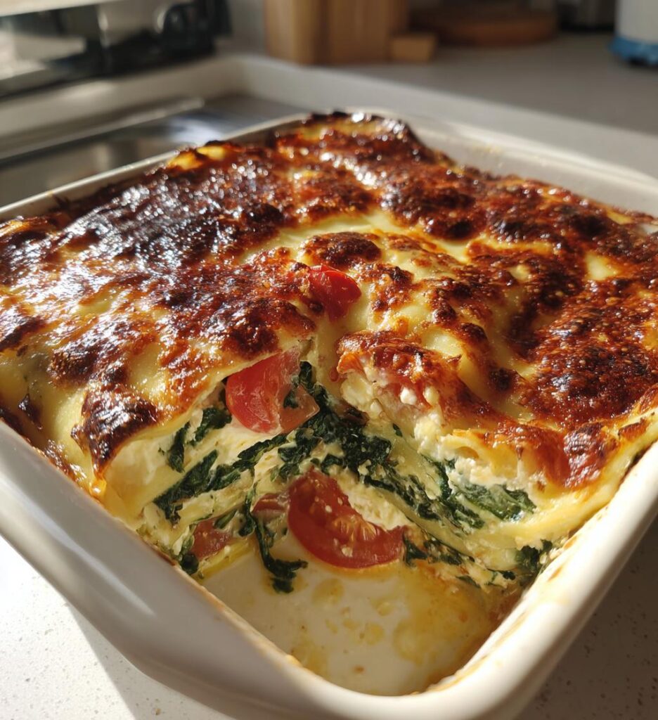 spinat lasagne mit feta und tomaten