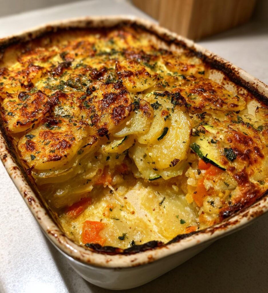 vegetarischer kartoffelauflauf mit zucchini karotten und zwiebeln